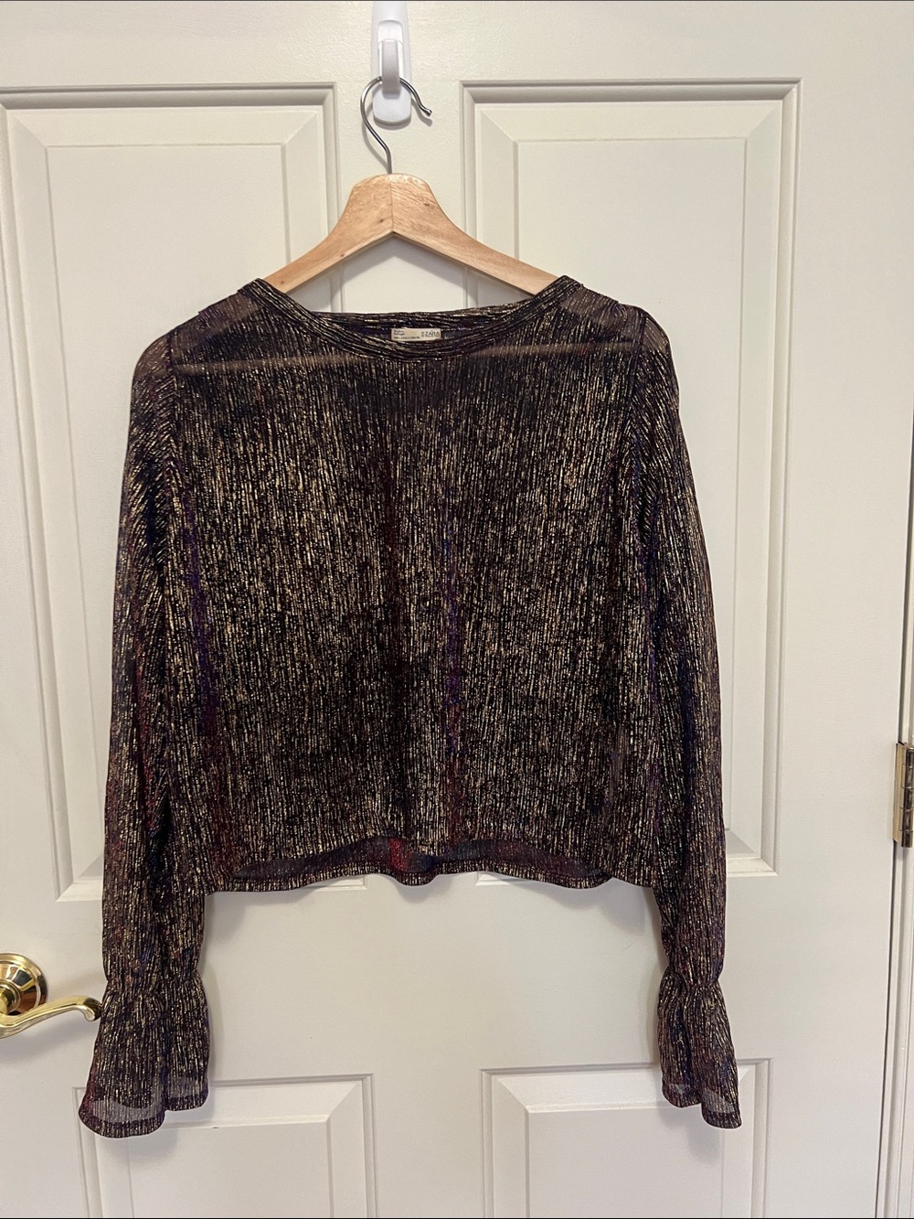 Zara Metallic Black & Gold Long-Sleeve Shimmer Top